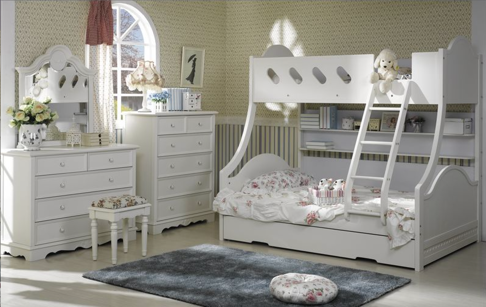 Nimbus White Single Over Double Trio Bunk Bed with Trundle & Shelving