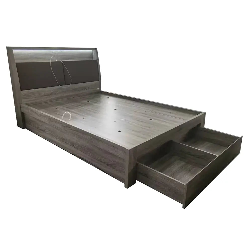 Haven Mocha Oak Gas Lift & Drawer Storage Bed Frame with LED Light & USB
