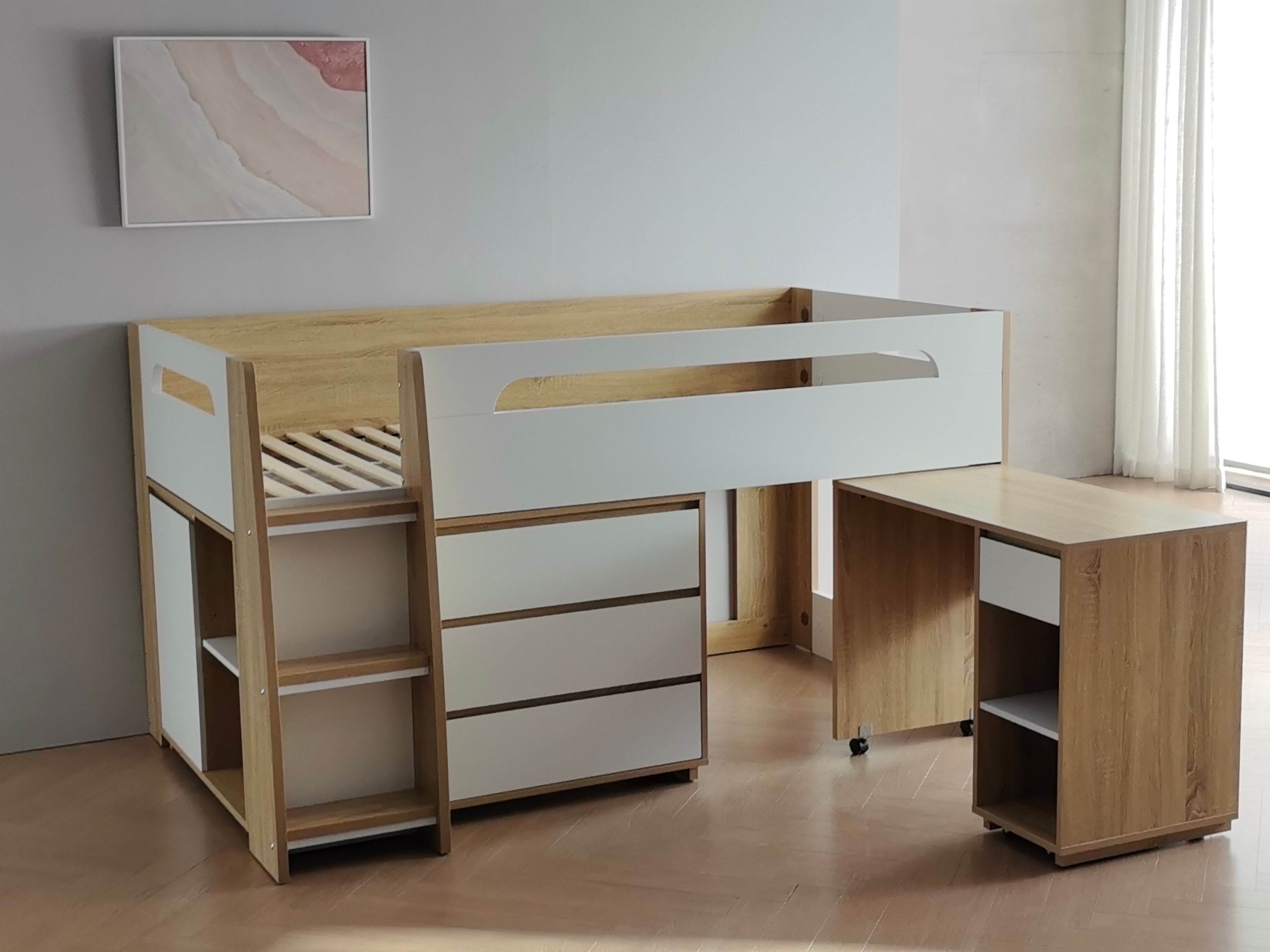 Miro White King Single Mid Sleeper with Pull-Out Desk & Storage