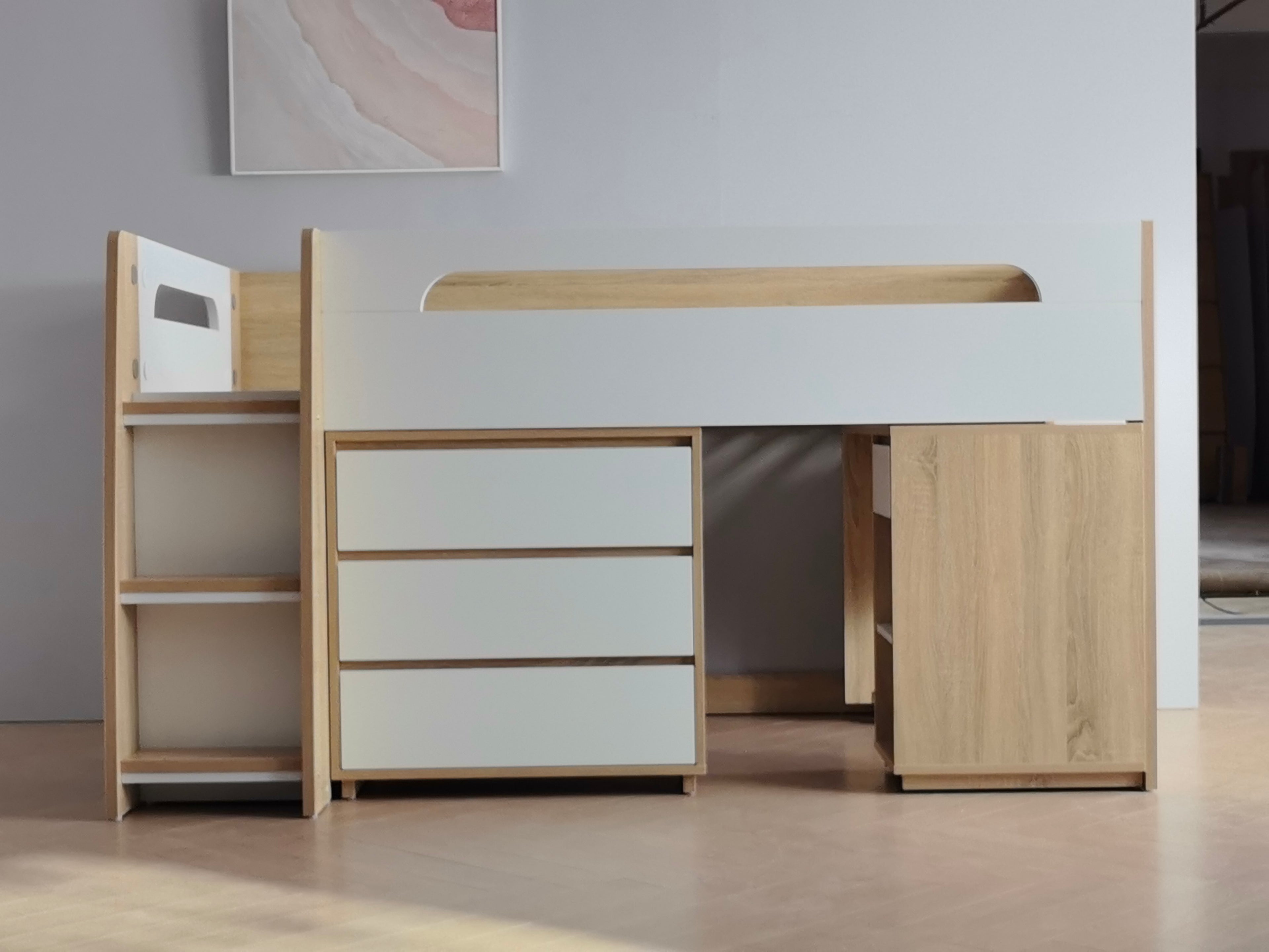 Miro White King Single Mid Sleeper with Pull-Out Desk & Storage