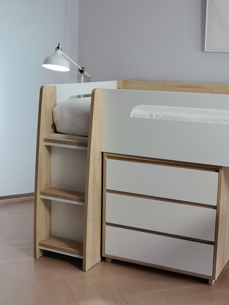 Miro White King Single Mid Sleeper with Pull-Out Desk & Storage